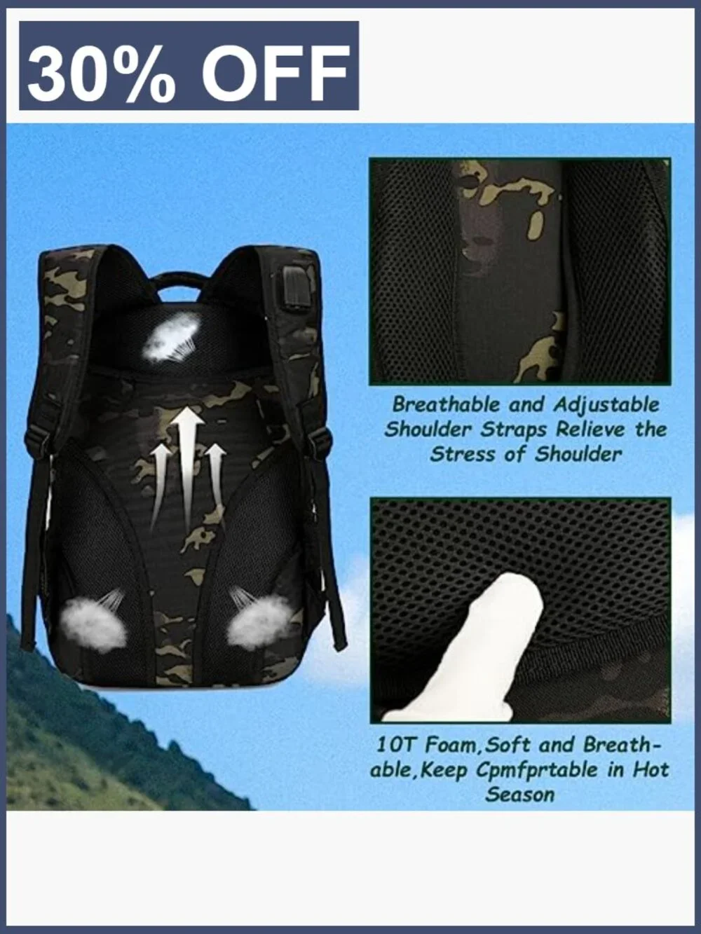 40L Tactical Military Style Backpack with USB Port, Fits 15.6